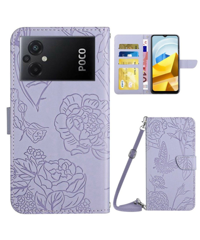 Housse Xiaomi Poco M5 Illustration Papillon et Fleurs à Sangle