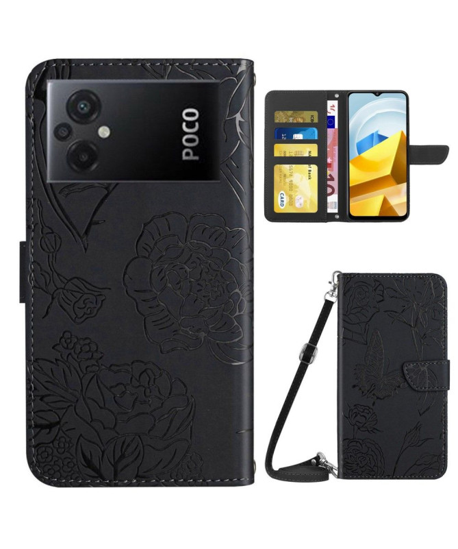 Housse Xiaomi Poco M5 Illustration Papillon et Fleurs à Sangle