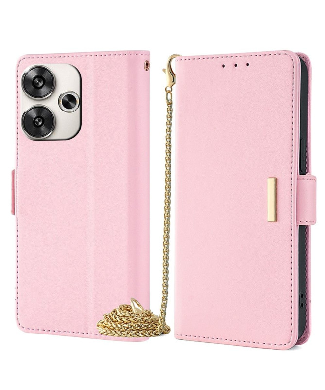 Housse Poco F6 en simili cuir avec chaîne dorée