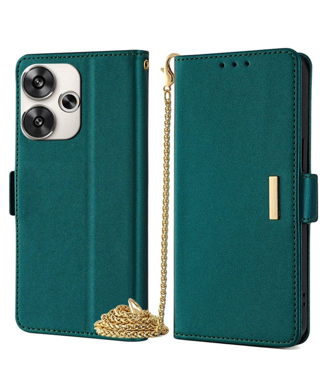 Housse Poco F6 en simili cuir avec chaîne dorée