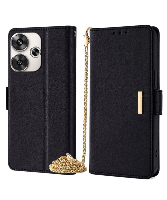 Housse Poco F6 en simili cuir avec chaîne dorée