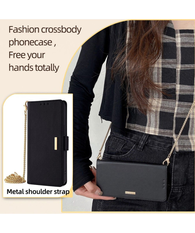 Housse Poco F6 en simili cuir avec chaîne dorée