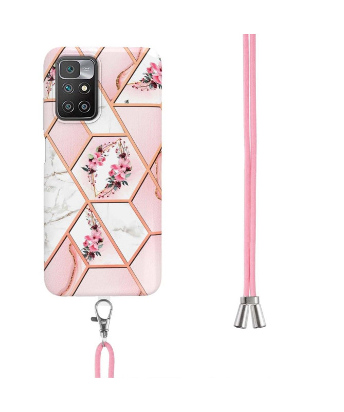 Coque à cordon Xiaomi Redmi 10 marbre et couronne de fleurs