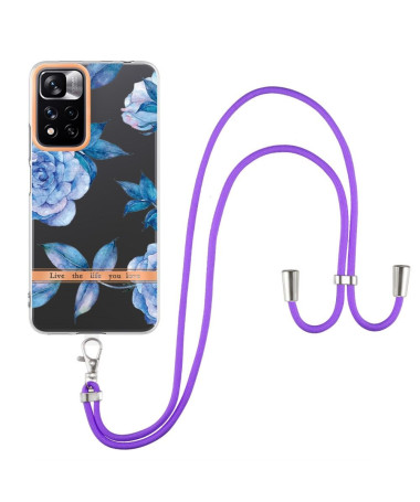 Coque Xiaomi Redmi Note 11 Pro Plus 5G Pivoine bleu à cordon