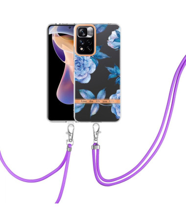 Coque Xiaomi Redmi Note 11 Pro Plus 5G Pivoine bleu à cordon