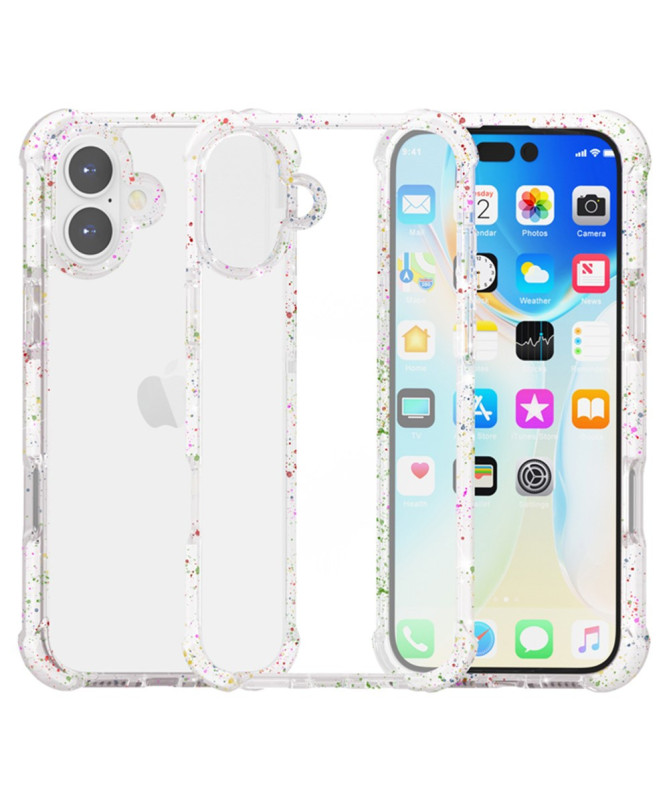 Coque iPhone 16 Hybride Renforcée Transparent Éclats Colorés