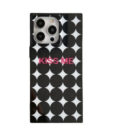 Coque iPhone 13 Pro Max Cercles Noir et Blanc, Message 'Kiss Me'