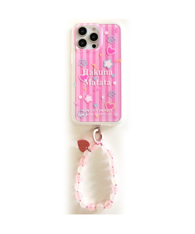 Coque iPhone 14 Pro Max Hakuna Matata avec Lanière Perles – Rose