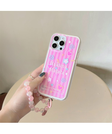 Coque iPhone 14 Pro Max Hakuna Matata avec Lanière Perles – Rose