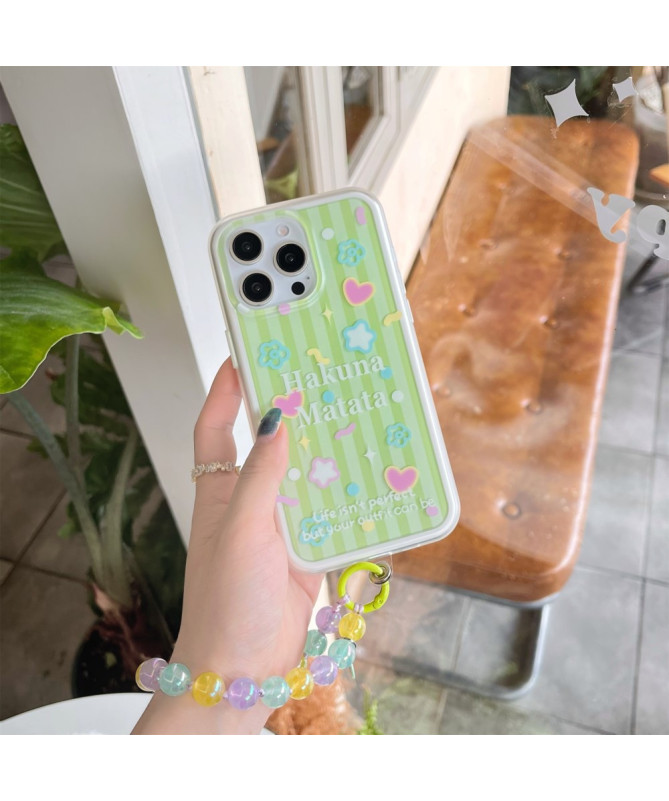 Coque iPhone 14 Pro Max Hakuna Matata avec Lanière Perles – Vert Chéri