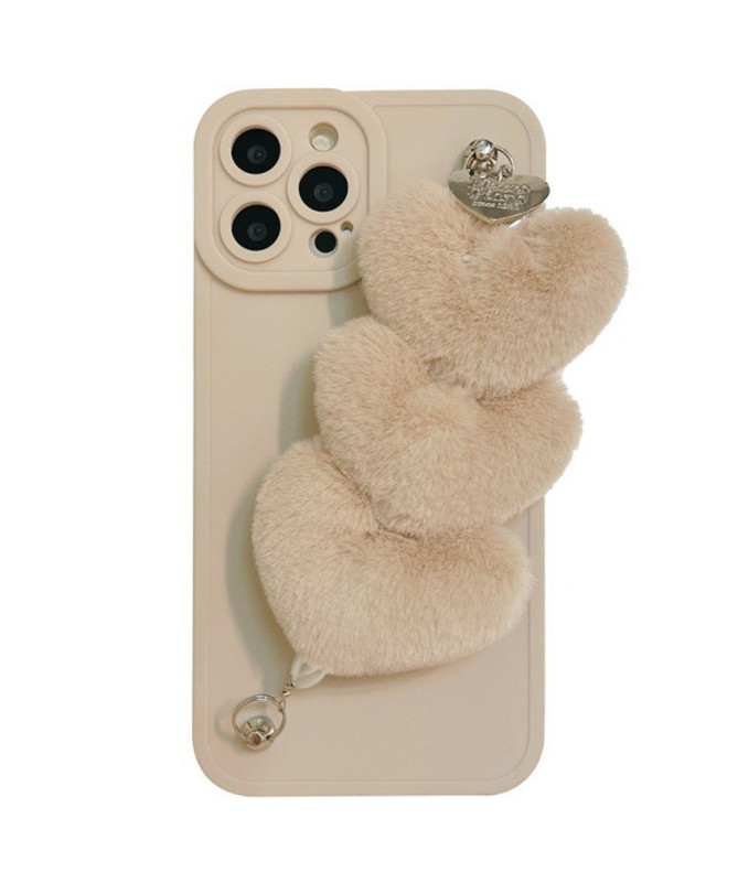 Coque iPhone 15 Pro Fluffy Heart avec Bracelet Douillet