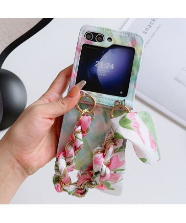 Coque Samsung Galaxy Z Flip 6 Motif Aquarelle avec Bracelet Chaîne et Foulard