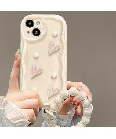 iPhone 14 - Coque avec Cœurs et Perles et Bracelet Perlé