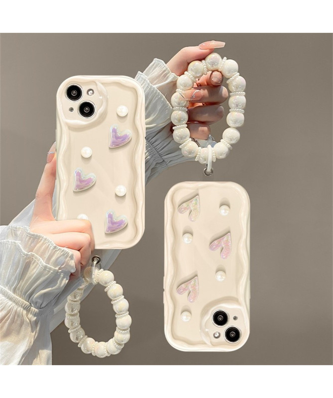 iPhone 14 - Coque avec Cœurs et Perles et Bracelet Perlé