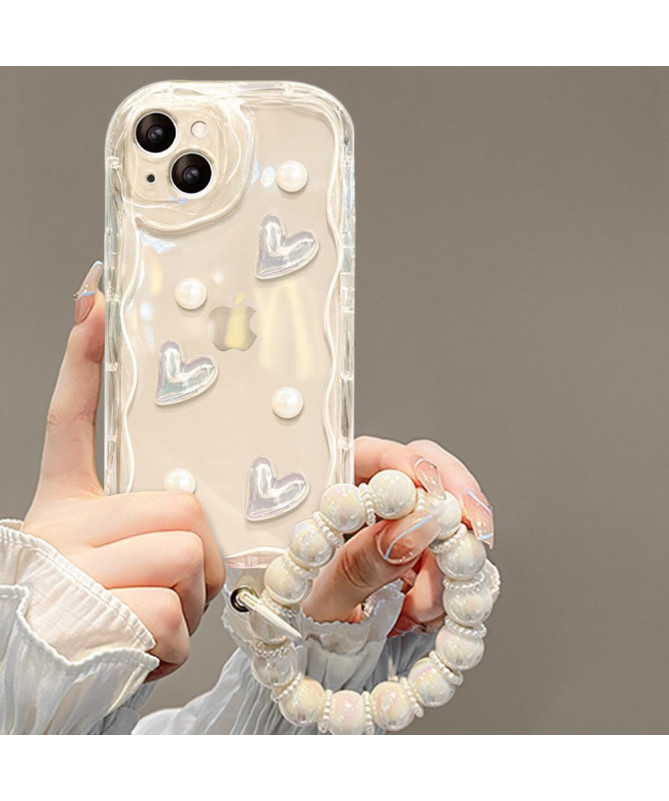 iPhone 14 - Coque avec Cœurs et Perles et Bracelet Perlé