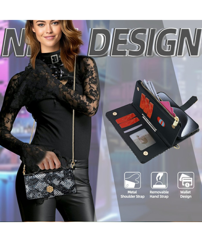 iPhone 15 Pro - Pochette Simili Cuir Effet Python avec Bandoulière