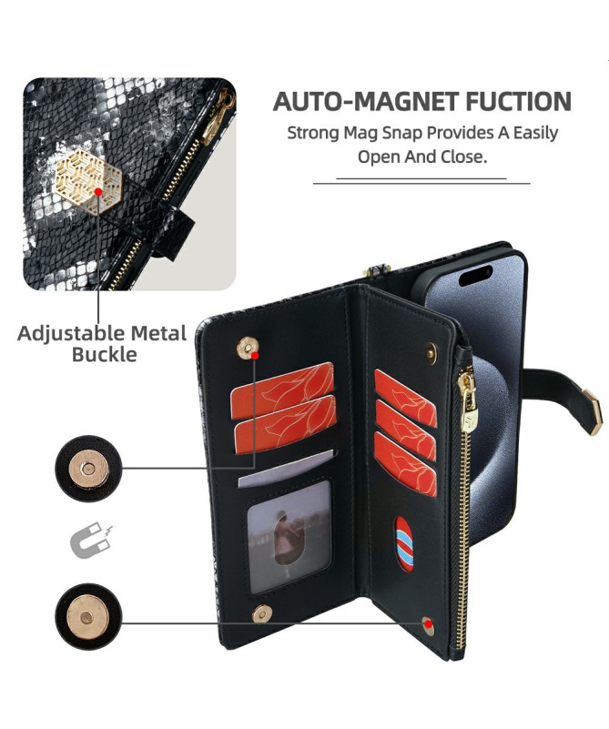 iPhone 15 Pro - Pochette Simili Cuir Effet Python avec Bandoulière