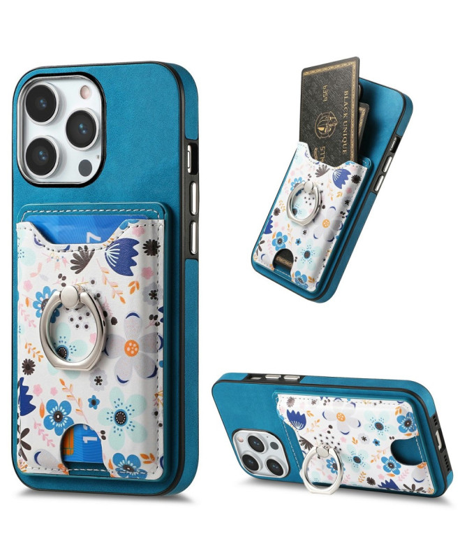 Coque iPhone 16 Pro avec Porte-Cartes Fleuri et Support Anneau