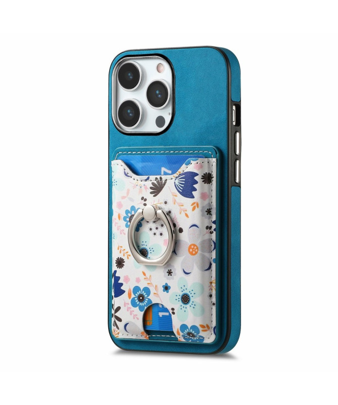 Coque iPhone 16 Pro avec Porte-Cartes Fleuri et Support Anneau