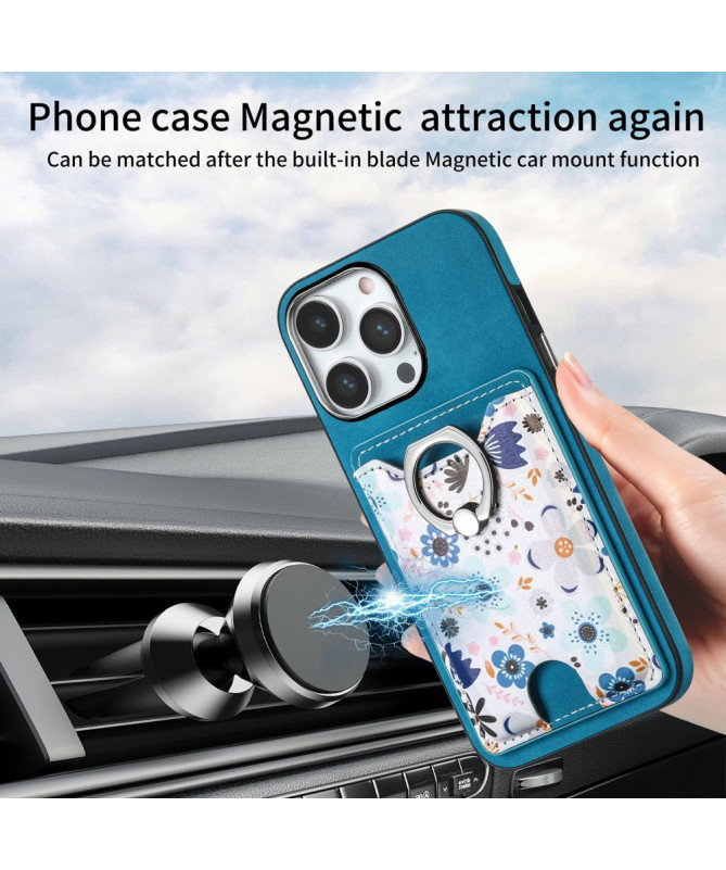 Coque iPhone 16 Pro avec Porte-Cartes Fleuri et Support Anneau