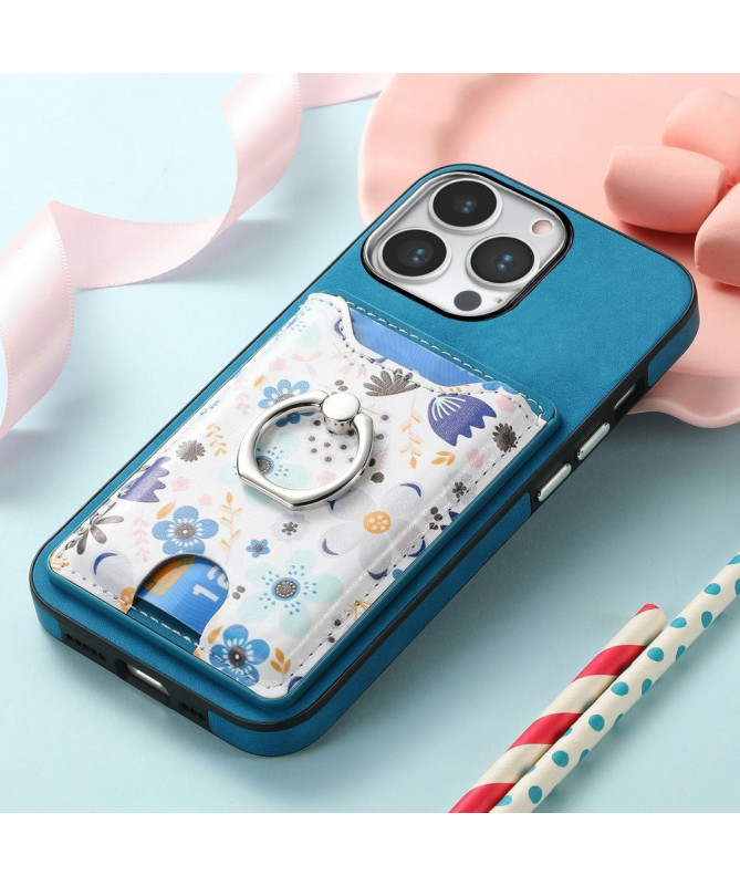 Coque iPhone 16 Pro avec Porte-Cartes Fleuri et Support Anneau