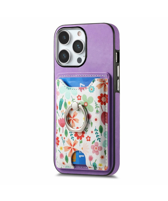 Coque iPhone 16 Pro avec Porte-Cartes Fleuri et Support Anneau