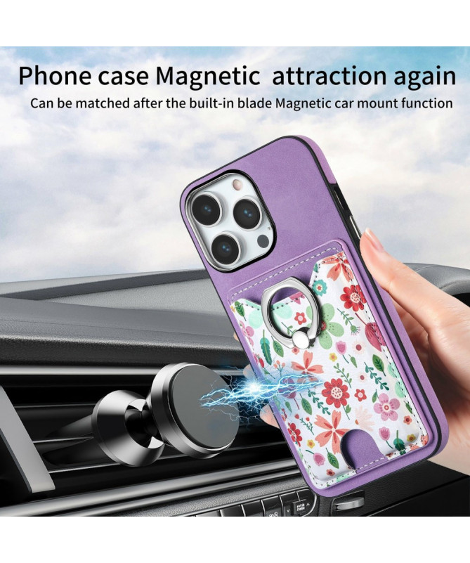 Coque iPhone 16 Pro avec Porte-Cartes Fleuri et Support Anneau