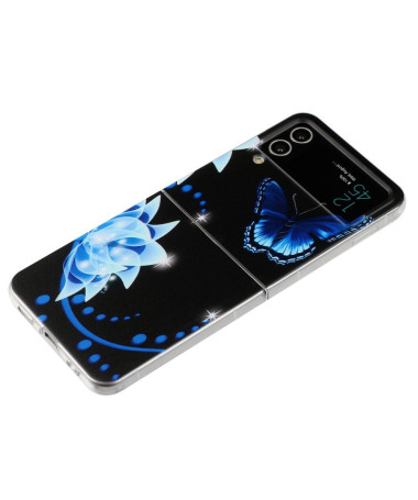 Coque Samsung Galaxy Z Flip 4  Papillon Bleu et Fleurs Éthérées