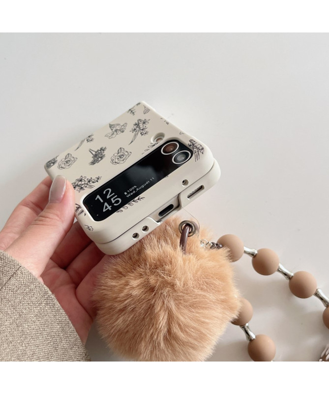 Coque Samsung Galaxy Z Flip 4 Floral avec Pompon et Dragonne en Bois