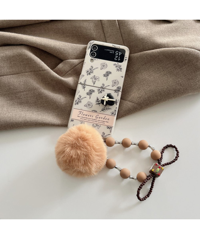 Coque Samsung Galaxy Z Flip 4 Floral avec Pompon et Dragonne en Bois