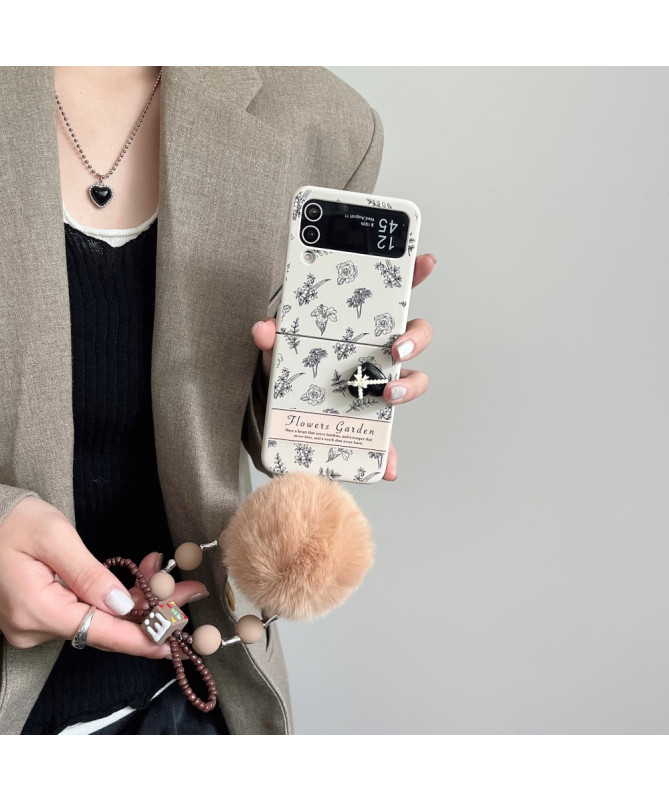 Coque Samsung Galaxy Z Flip 4 Floral avec Pompon et Dragonne en Bois
