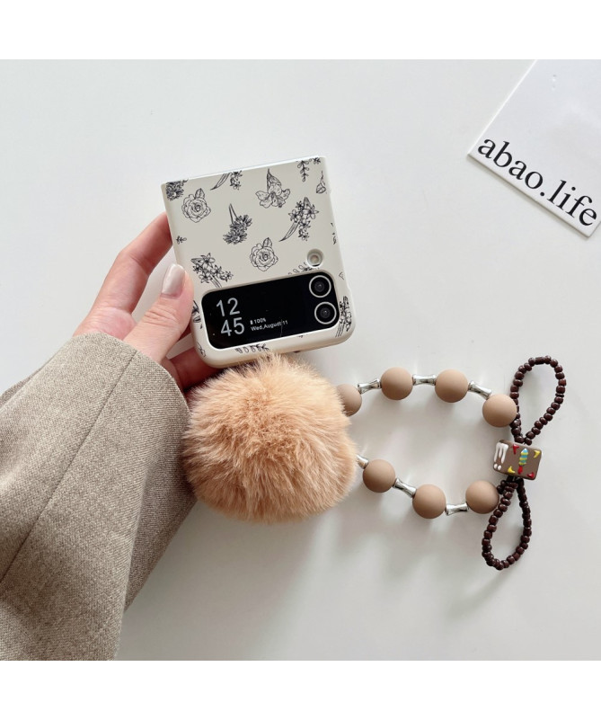 Coque Samsung Galaxy Z Flip 4 Floral avec Pompon et Dragonne en Bois