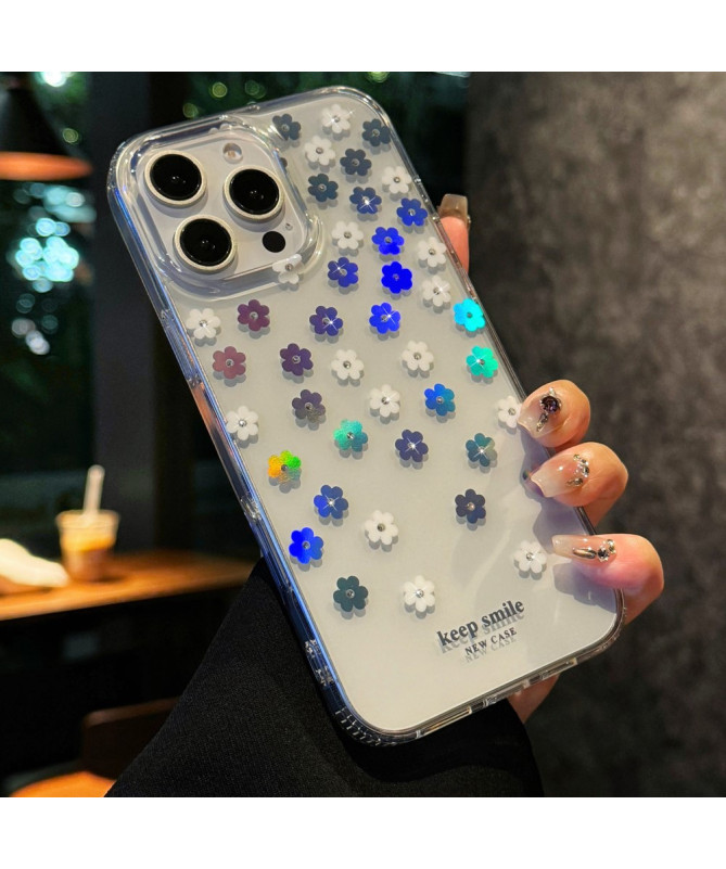 Coque iPhone 16 Pro Max Transparente - Motif Petites Fleurs Holographi