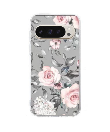 Coque Google Pixel 9 Pro XL florale grise et rose