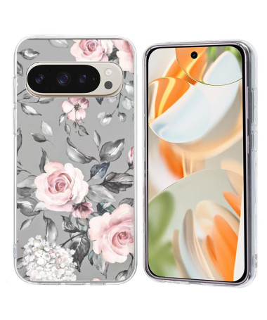 Coque Google Pixel 9 Pro XL florale grise et rose