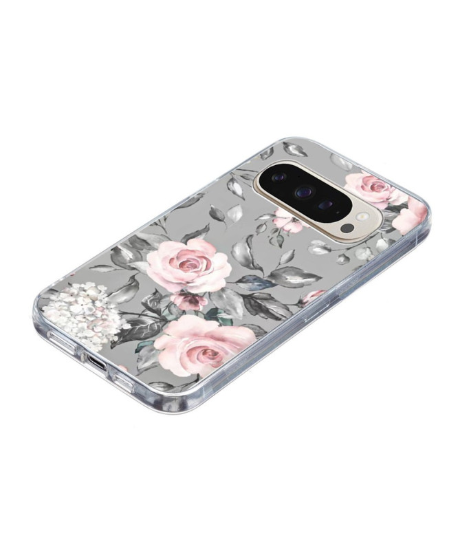 Coque Google Pixel 9 Pro XL florale grise et rose
