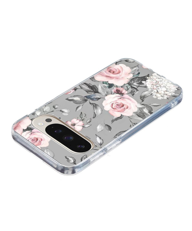 Coque Google Pixel 9 / 9 Pro florale grise et rose