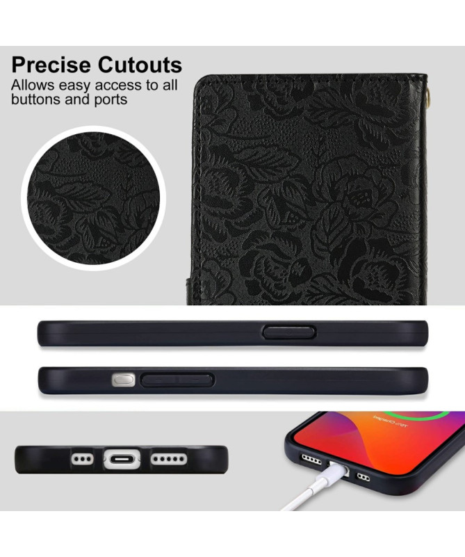 Floryssa - Housse iPhone 14 Plus avec Dragonne et Motif Floral