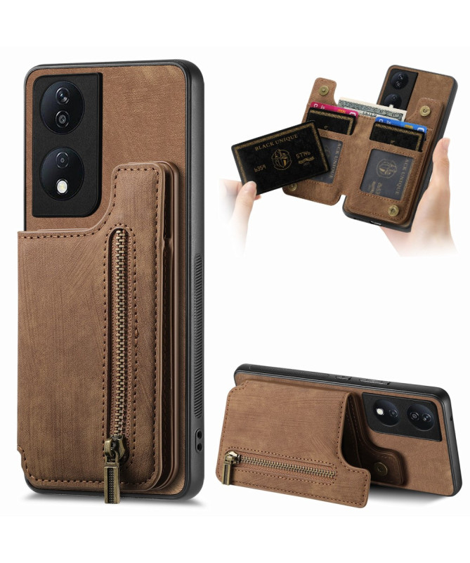 Retro Zip - Coque Honor 90 Smart avec Porte-Cartes et Fermeture Éclair