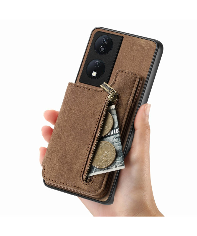 Retro Zip - Coque Honor 90 Smart avec Porte-Cartes et Fermeture Éclair