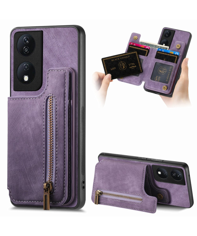 Retro Zip - Coque Honor 90 Smart avec Porte-Cartes et Fermeture Éclair