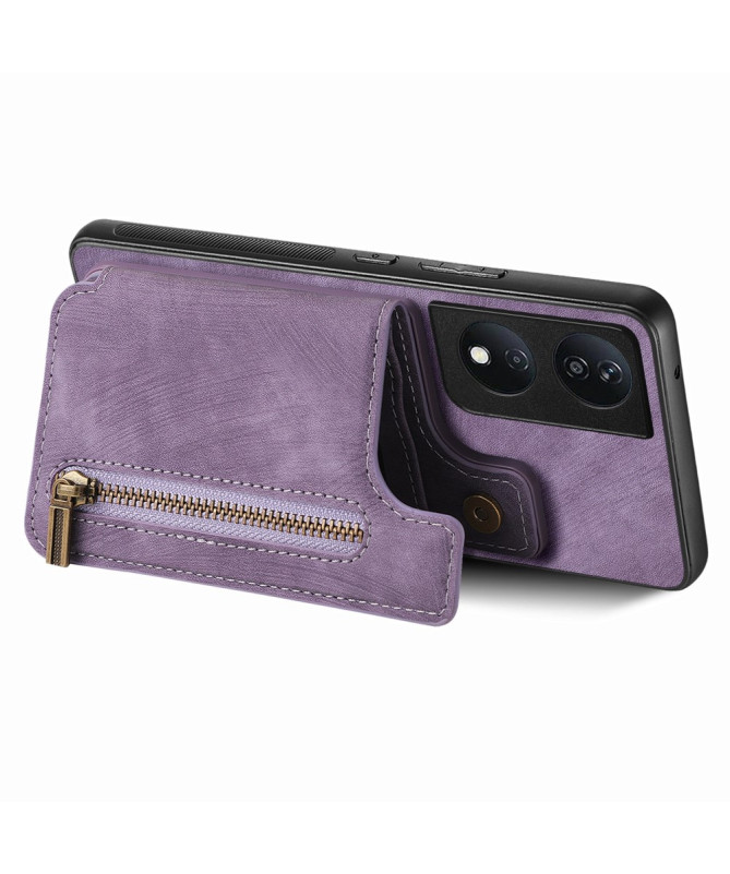 Retro Zip - Coque Honor 90 Smart avec Porte-Cartes et Fermeture Éclair