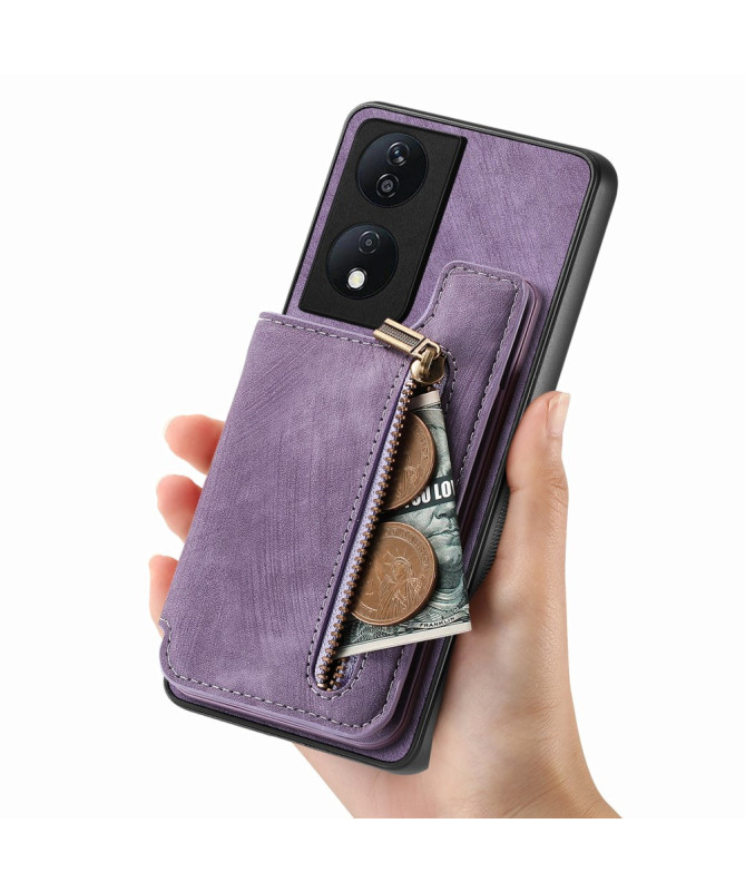 Retro Zip - Coque Honor 90 Smart avec Porte-Cartes et Fermeture Éclair