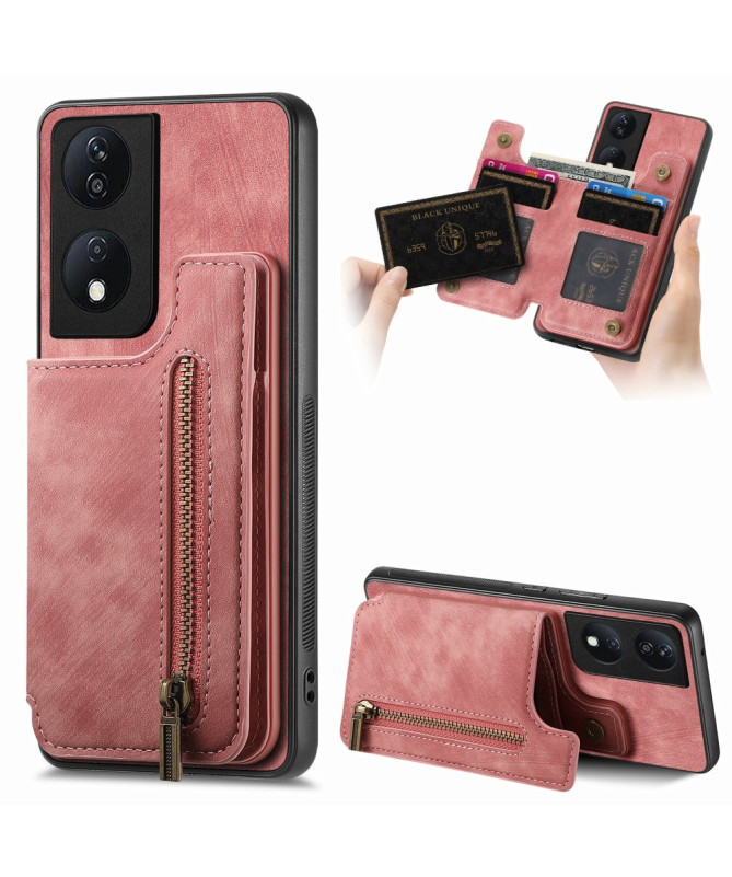 Retro Zip - Coque Honor 90 Smart avec Porte-Cartes et Fermeture Éclair
