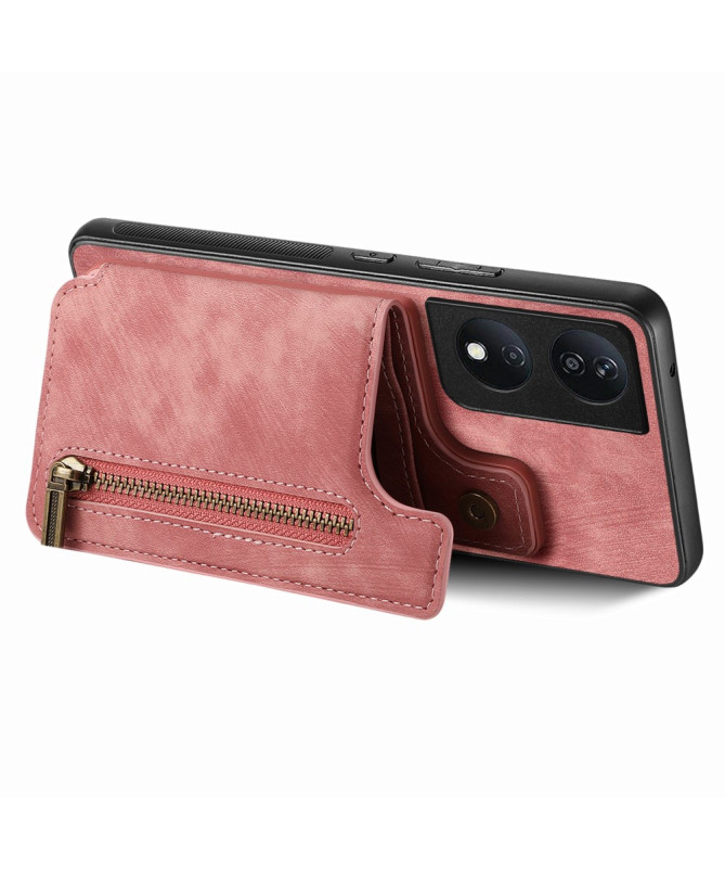 Retro Zip - Coque Honor 90 Smart avec Porte-Cartes et Fermeture Éclair