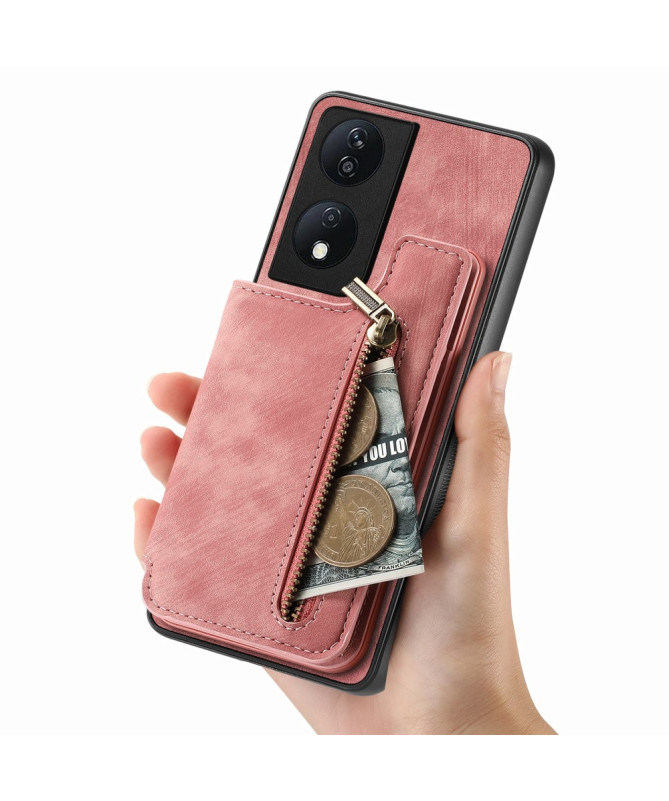 Retro Zip - Coque Honor 90 Smart avec Porte-Cartes et Fermeture Éclair