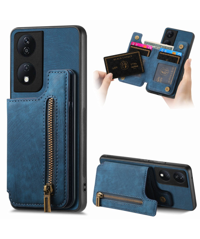 Retro Zip - Coque Honor 90 Smart avec Porte-Cartes et Fermeture Éclair