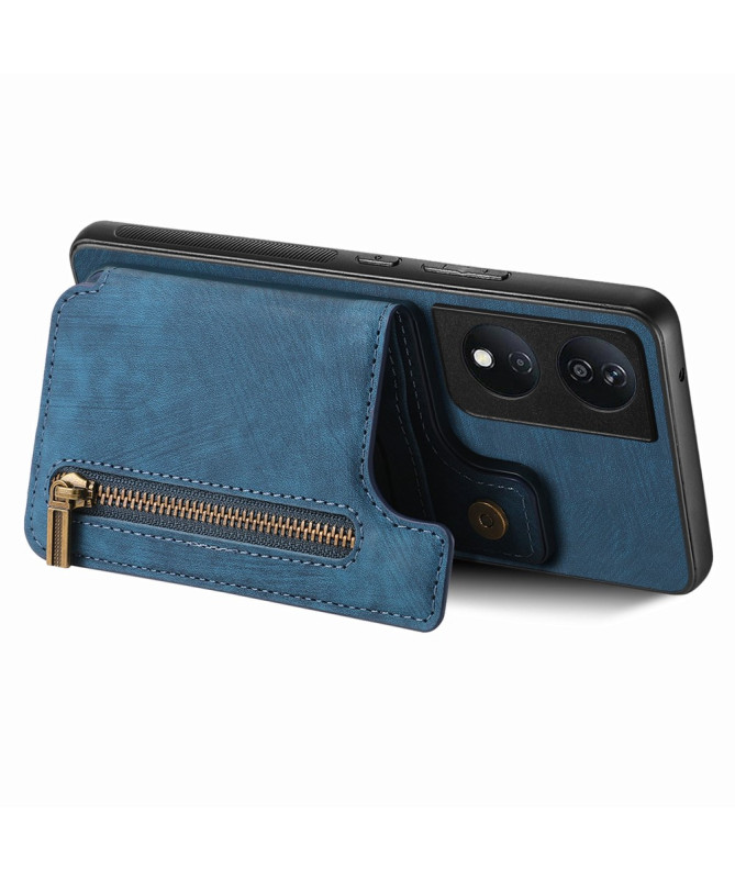 Retro Zip - Coque Honor 90 Smart avec Porte-Cartes et Fermeture Éclair