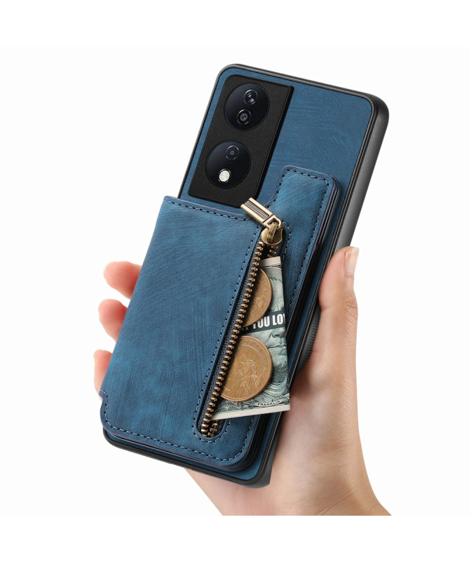 Retro Zip - Coque Honor 90 Smart avec Porte-Cartes et Fermeture Éclair