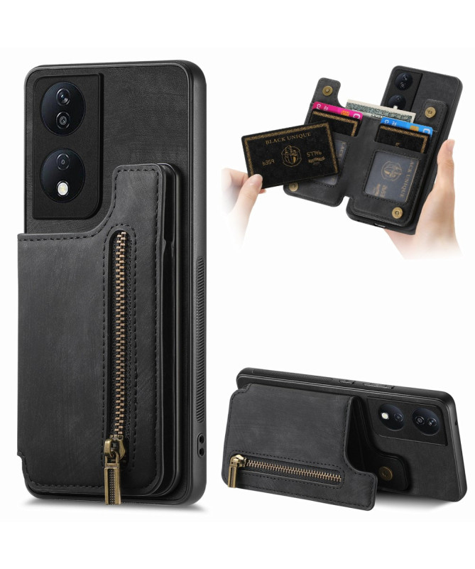 Retro Zip - Coque Honor 90 Smart avec Porte-Cartes et Fermeture Éclair